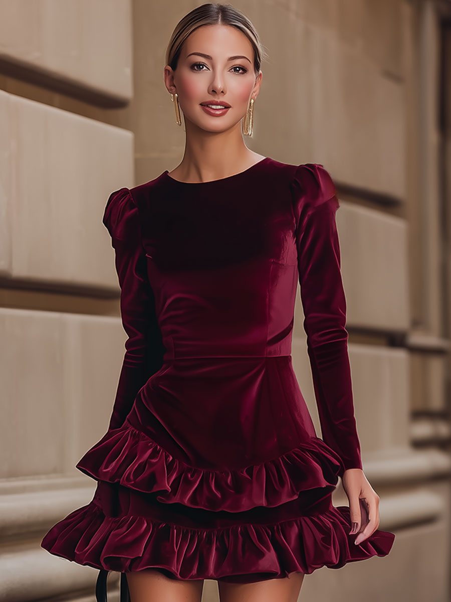 Celia | Vestido de Terciopelo Burdeos con Volantes