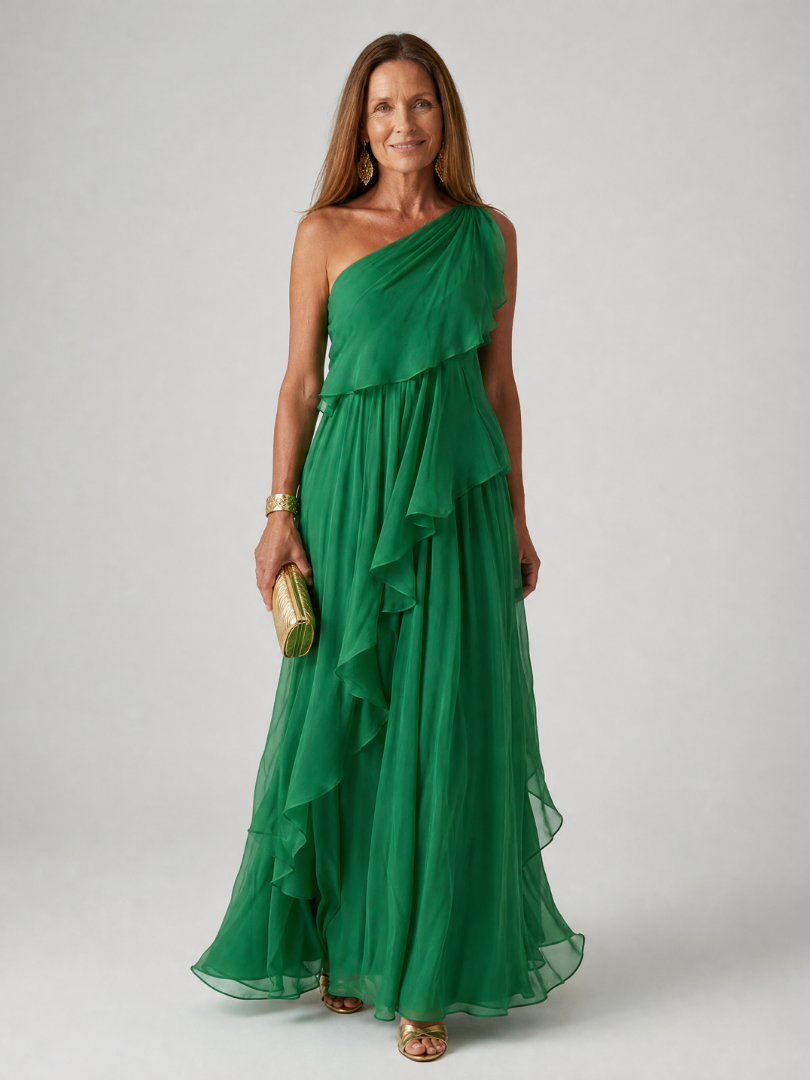 Sevilla | Vestido Verde de Un Solo Hombro con Volantes