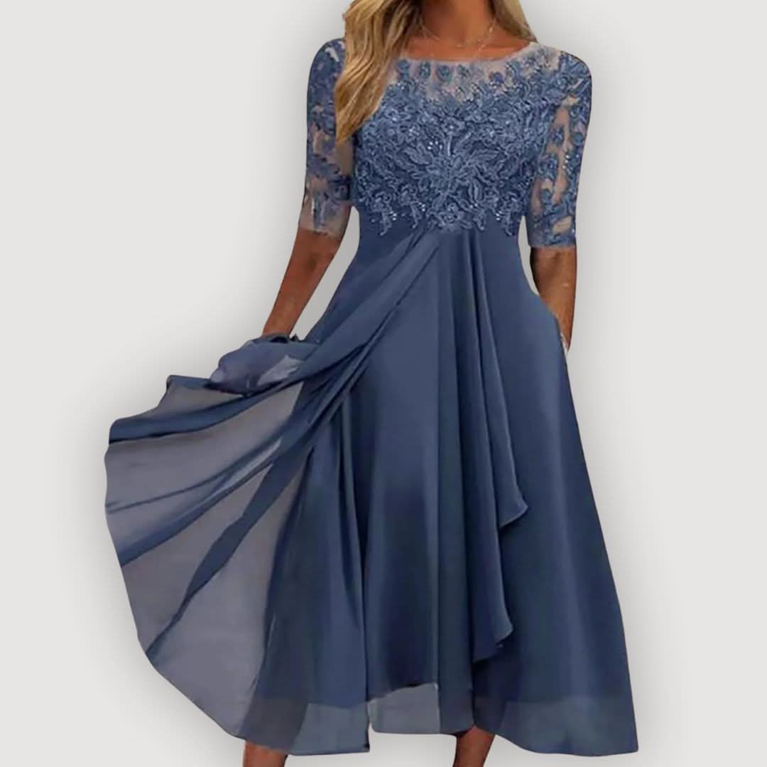 Catalina | Vestido de Gasa con Cuerpo de Encaje