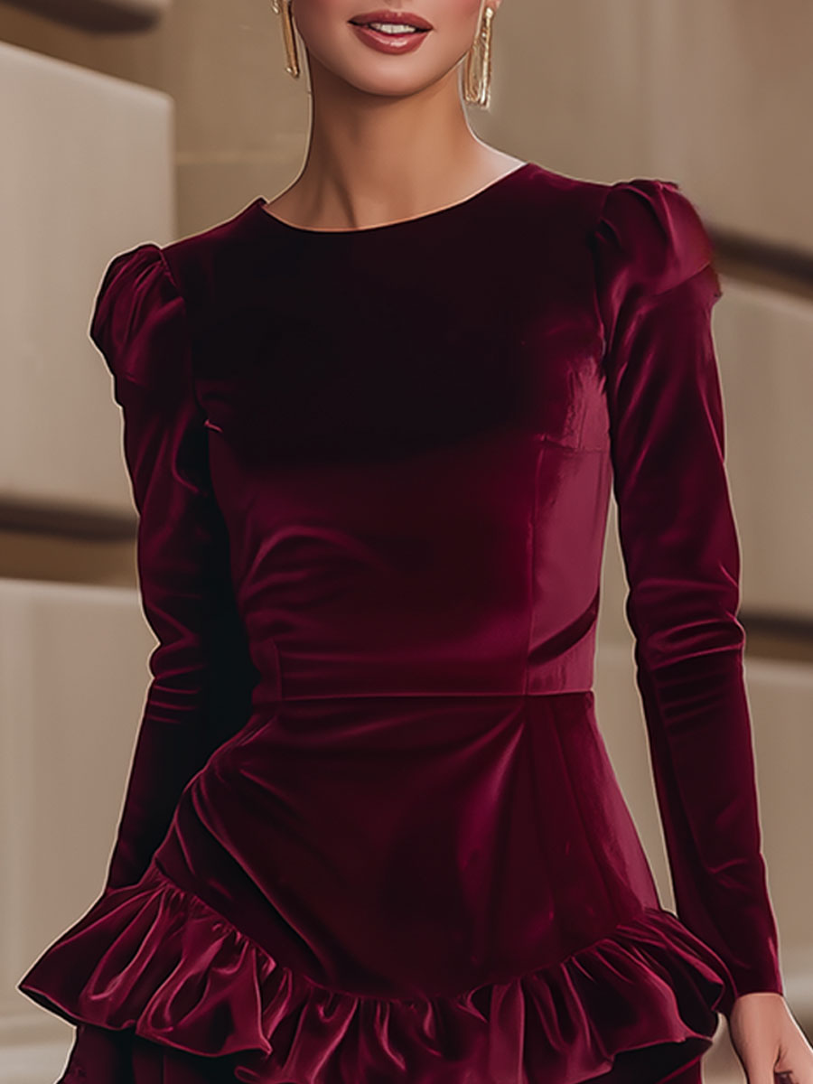 Celia | Vestido de Terciopelo Burdeos con Volantes