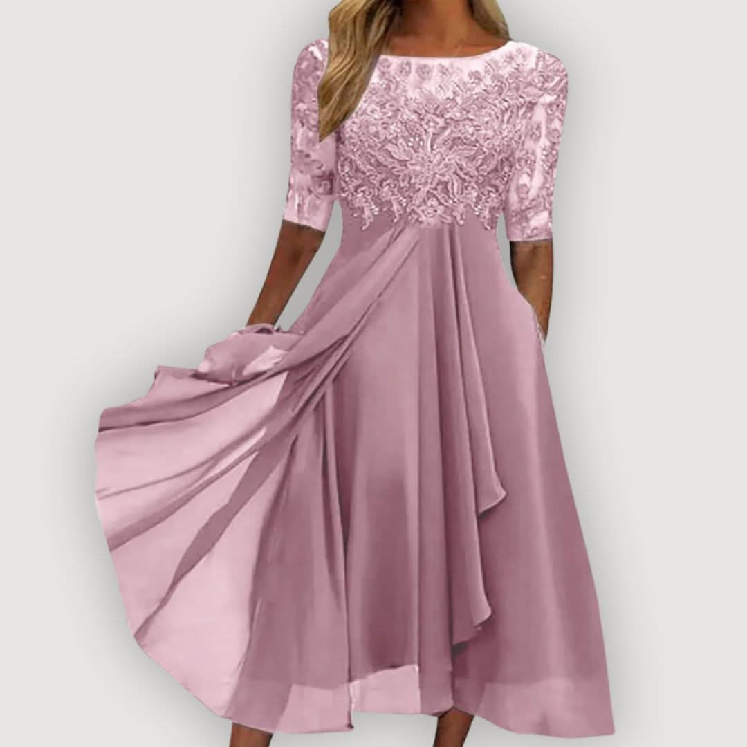 Catalina | Vestido de Gasa con Cuerpo de Encaje