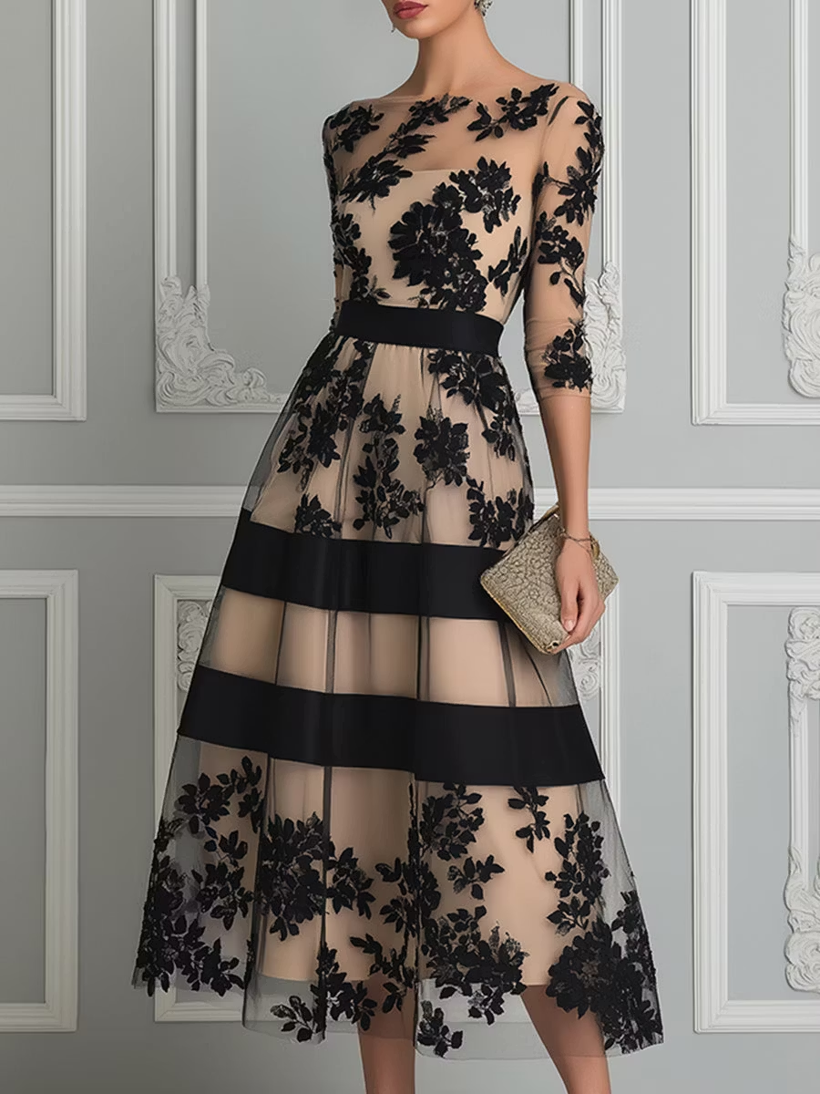 Encaje Negro | Vestido Midi Elegante de Encaje