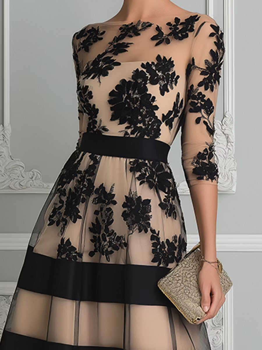 Encaje Negro | Vestido Midi Elegante de Encaje