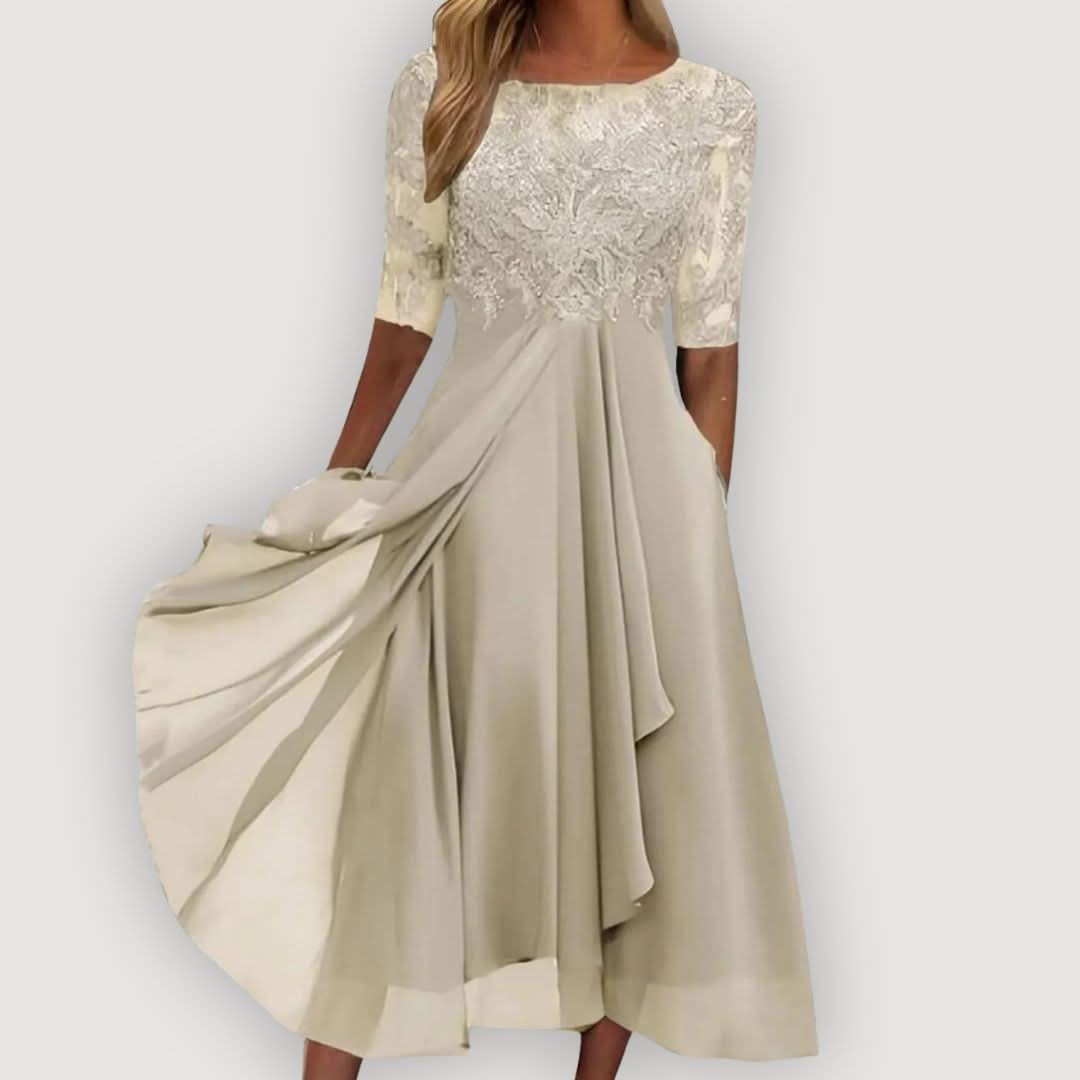 Catalina | Vestido de Gasa con Cuerpo de Encaje