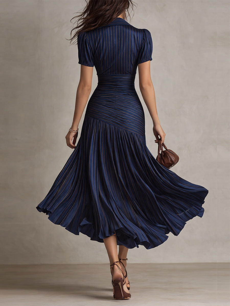Adriana | Vestido Midi Satinado de Rayas Retro
