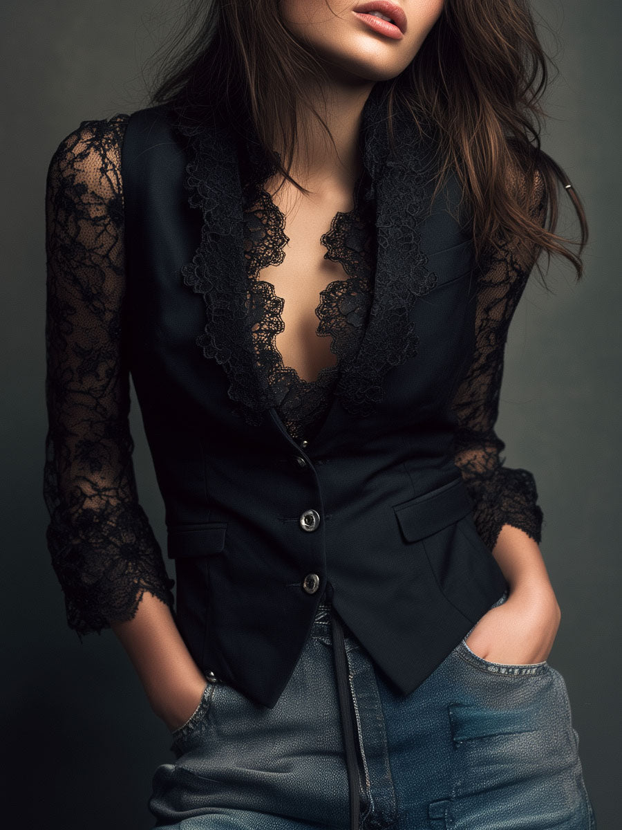 Noelia | Blazer Corto Negro con Mangas Semitransparentes