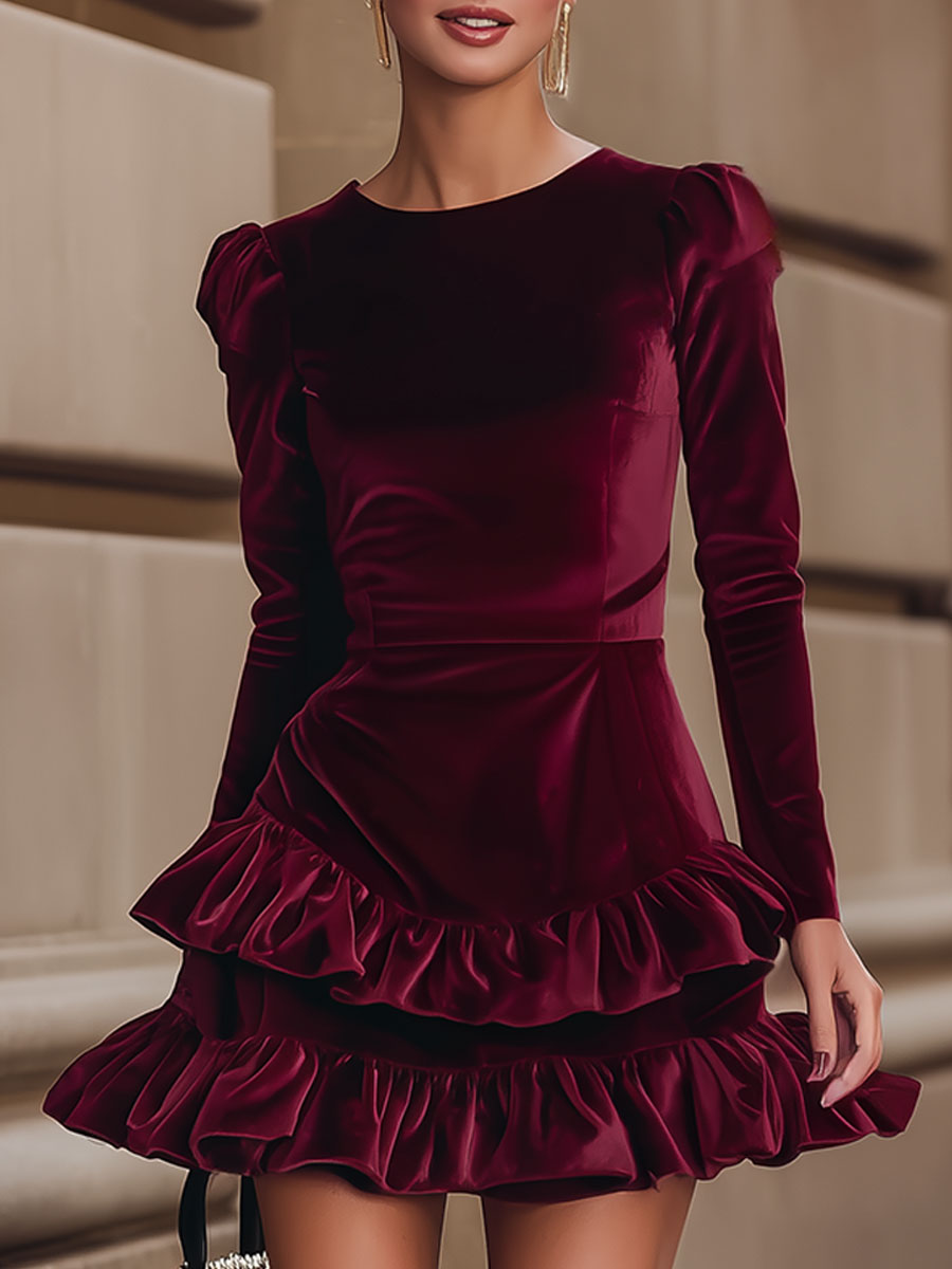 Celia | Vestido de Terciopelo Burdeos con Volantes