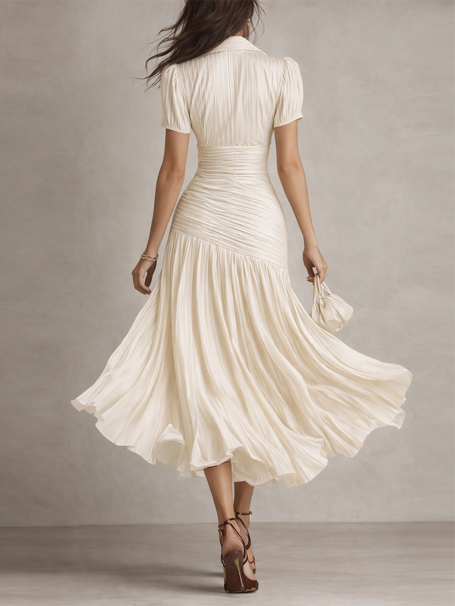 Adriana | Vestido Midi Satinado de Rayas Retro