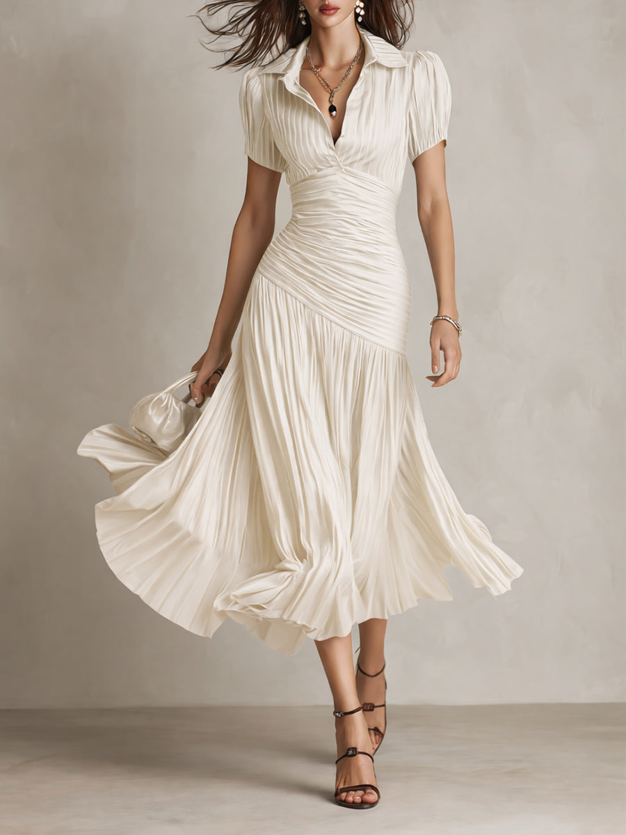 Adriana | Vestido Midi Satinado de Rayas Retro