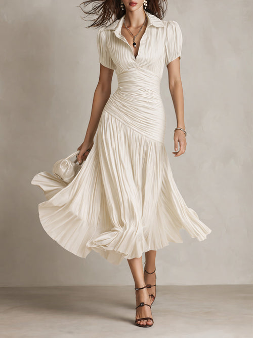Adriana | Vestido Midi Satinado de Rayas Retro