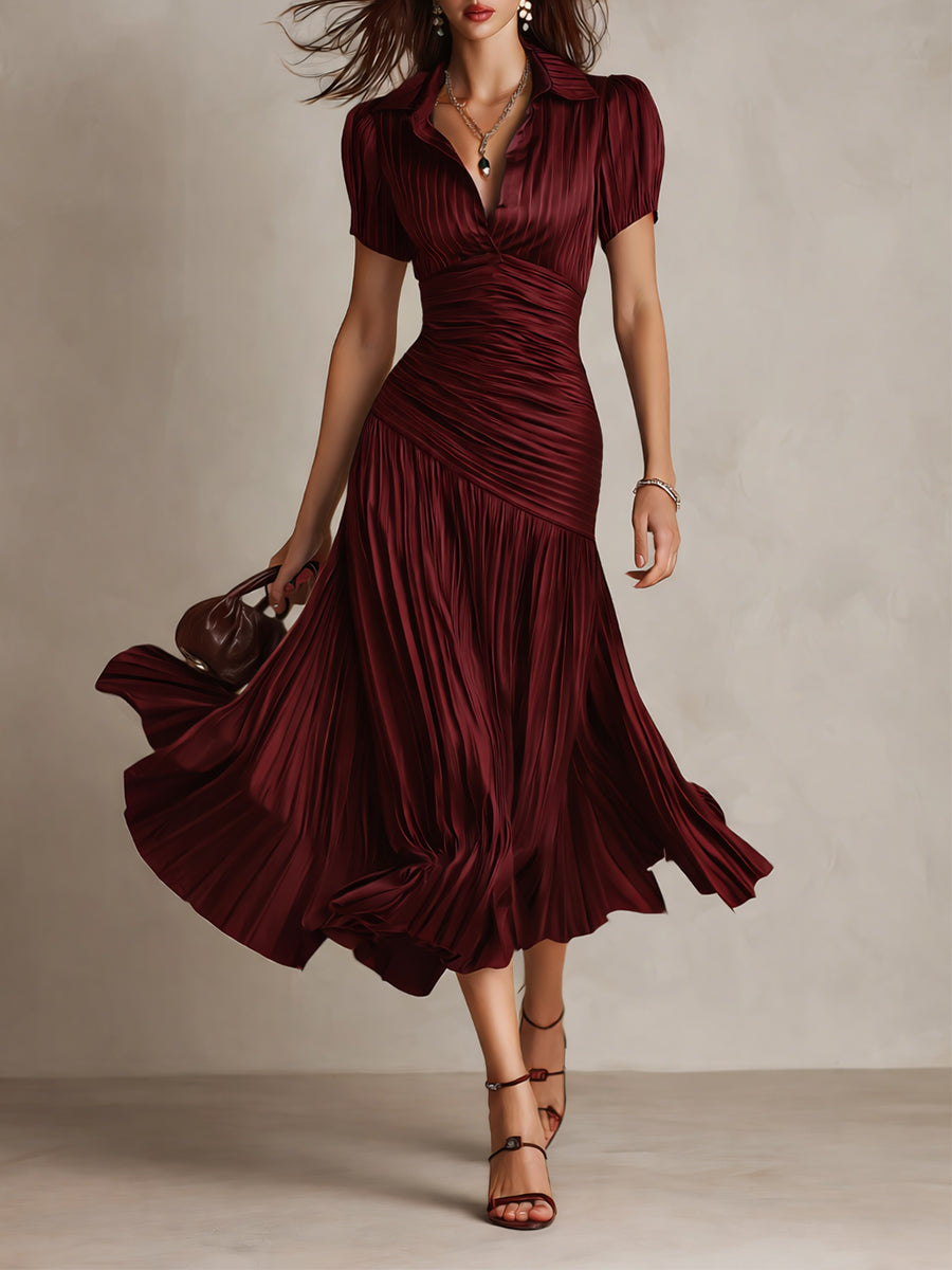 Adriana | Vestido Midi Satinado de Rayas Retro