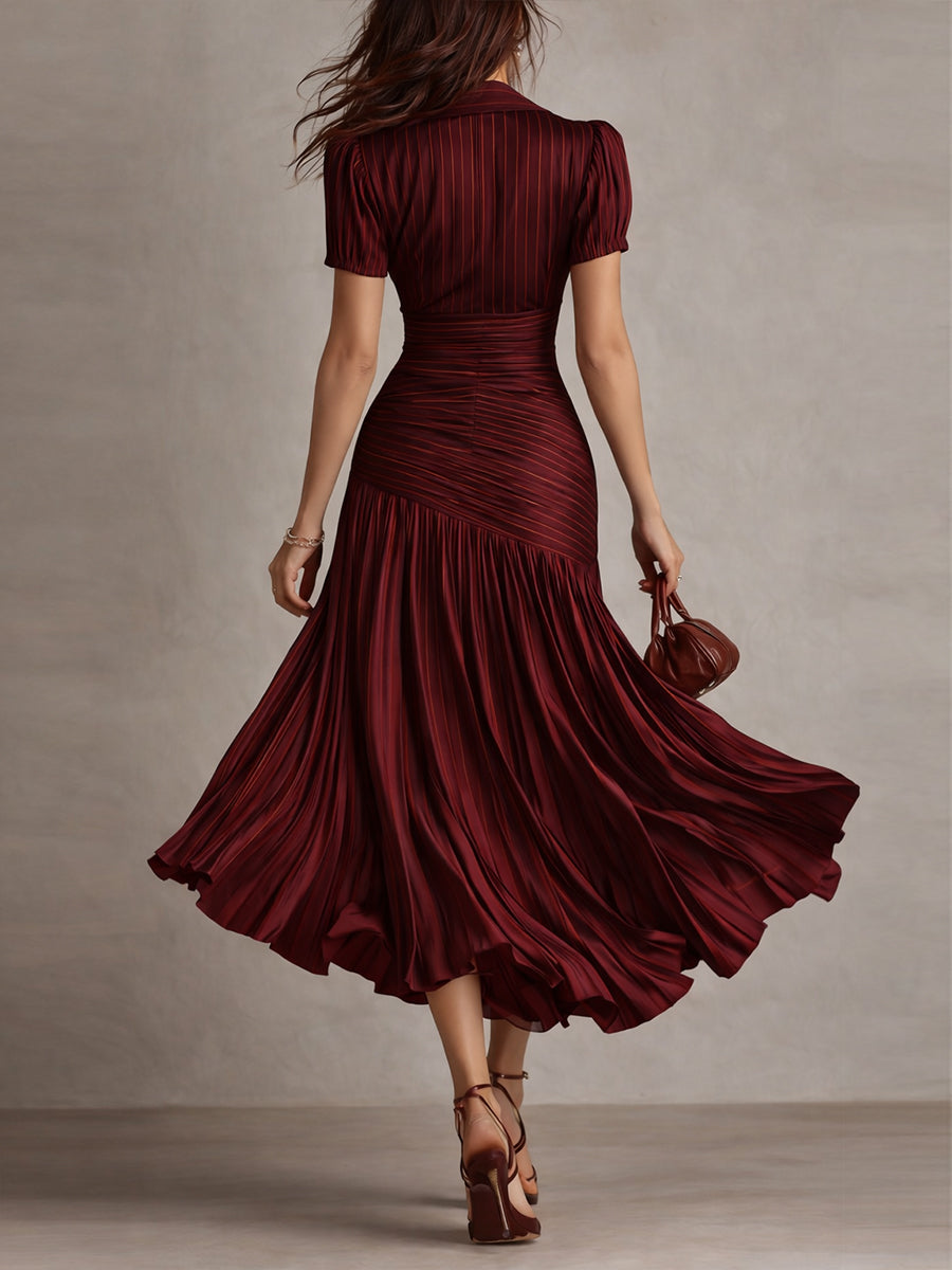 Adriana | Vestido Midi Satinado de Rayas Retro