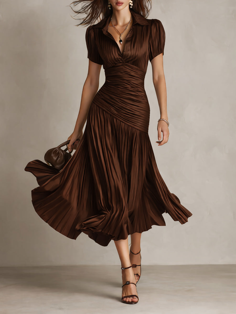 Adriana | Vestido Midi Satinado de Rayas Retro