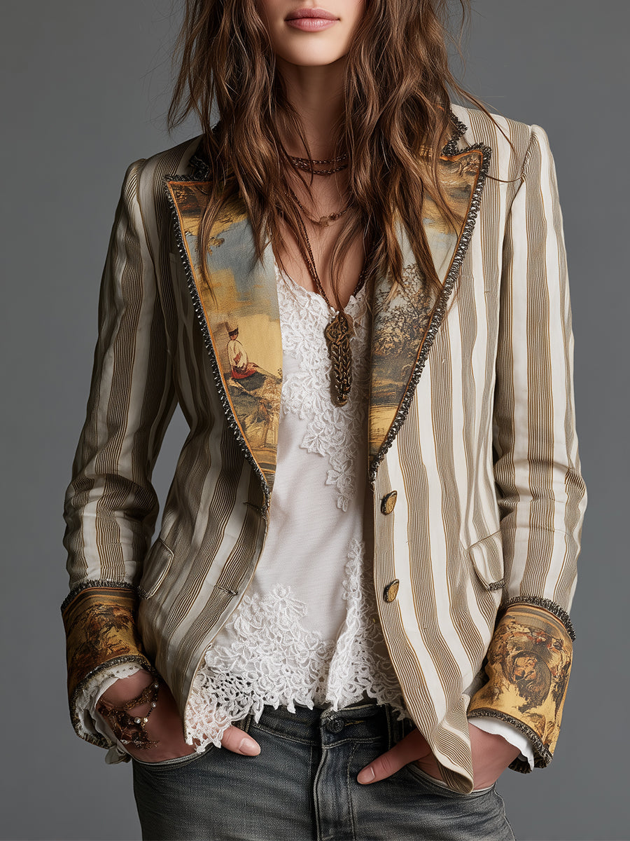 Susana | Blazer Boho de Rayas con Cuello Estampado