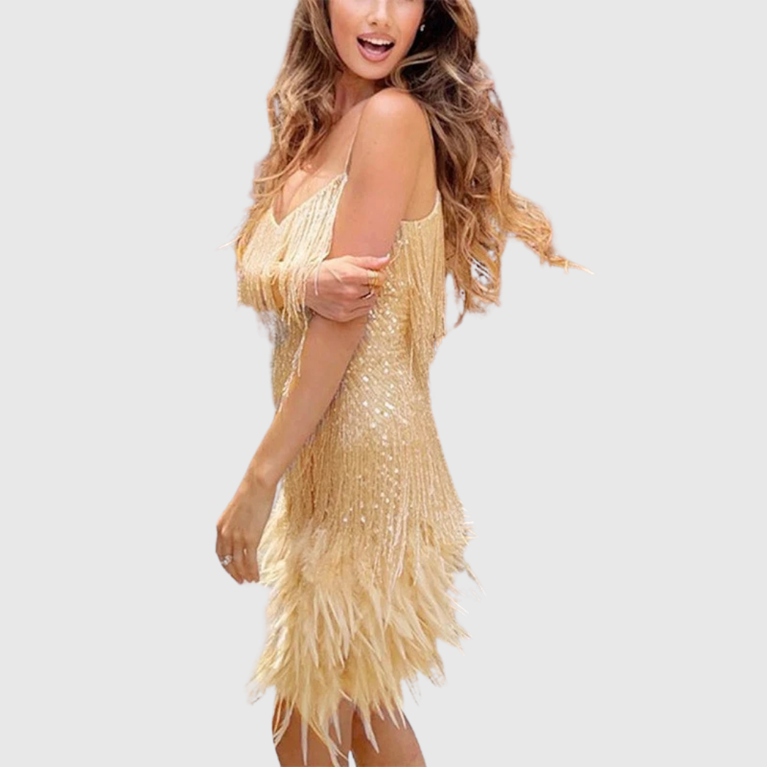 Jacinta | Vestido Cóctel con Flecos de Plumas