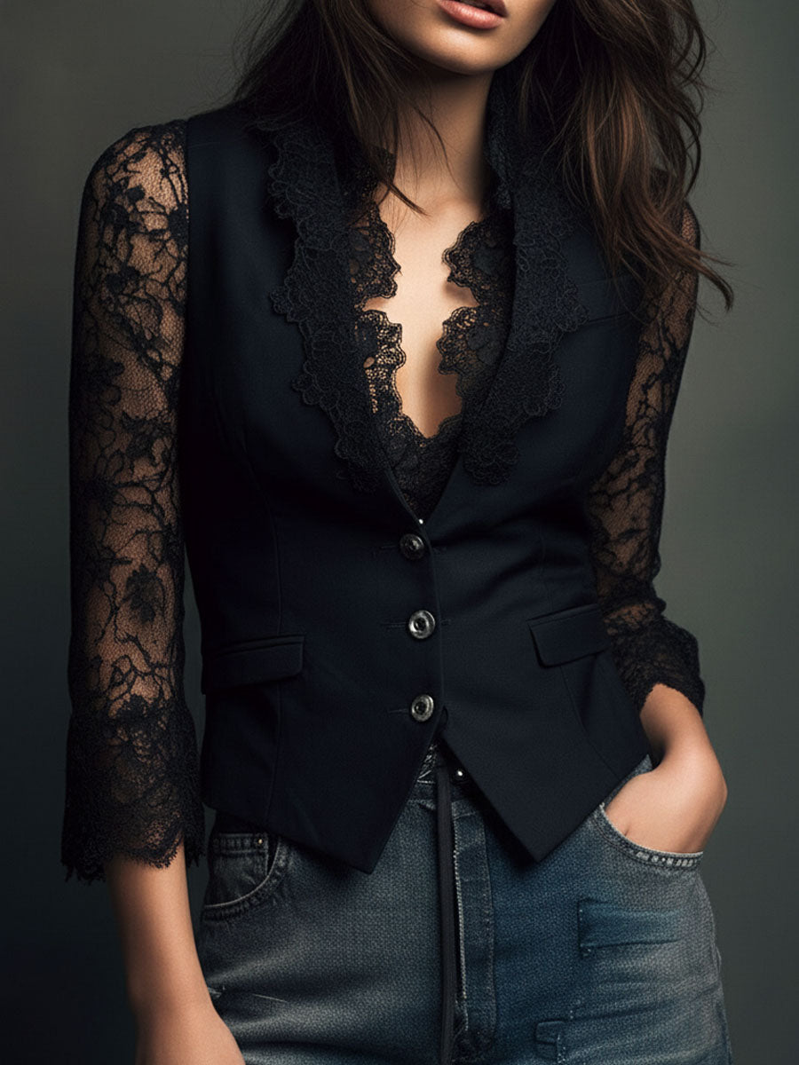 Noelia | Blazer Corto Negro con Mangas Semitransparentes