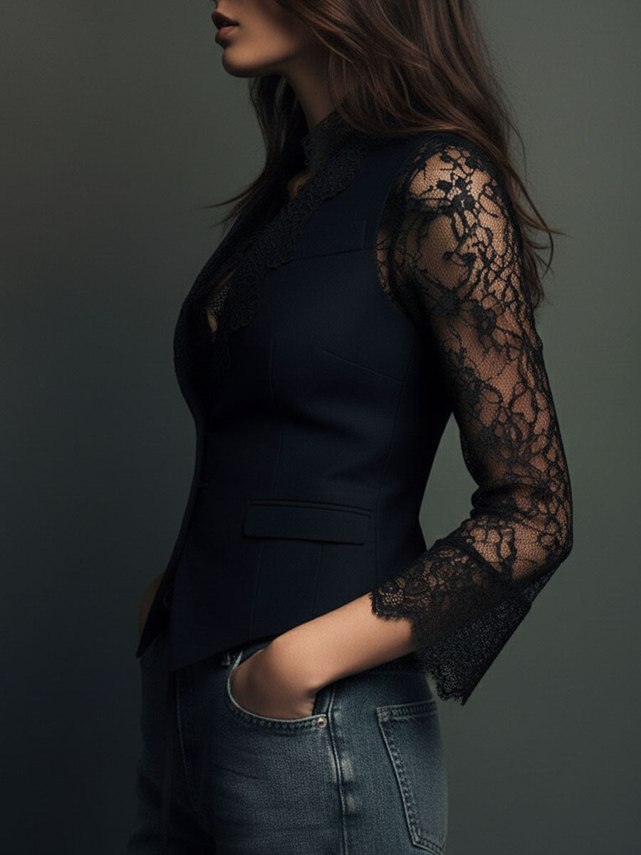 Noelia | Blazer Corto Negro con Mangas Semitransparentes