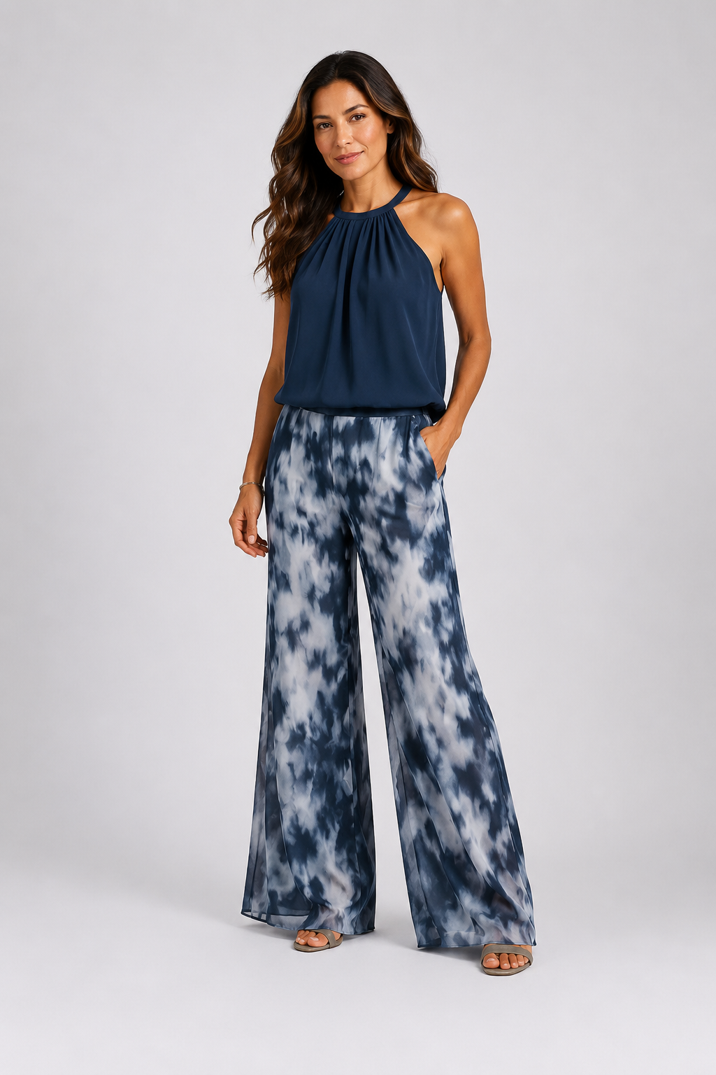 Marta | Conjunto Halter de Chifón Estampado con Pantalón Ancho