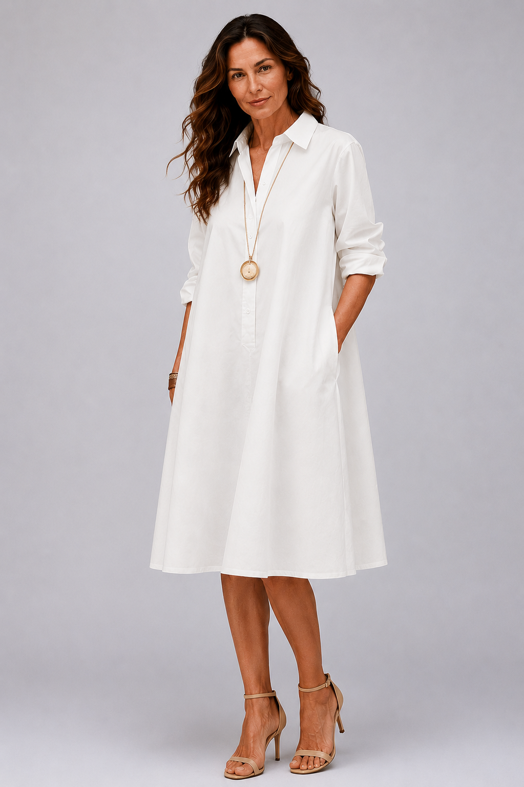 Sara | Vestido Camisero Midi Blanco de Corte en A
