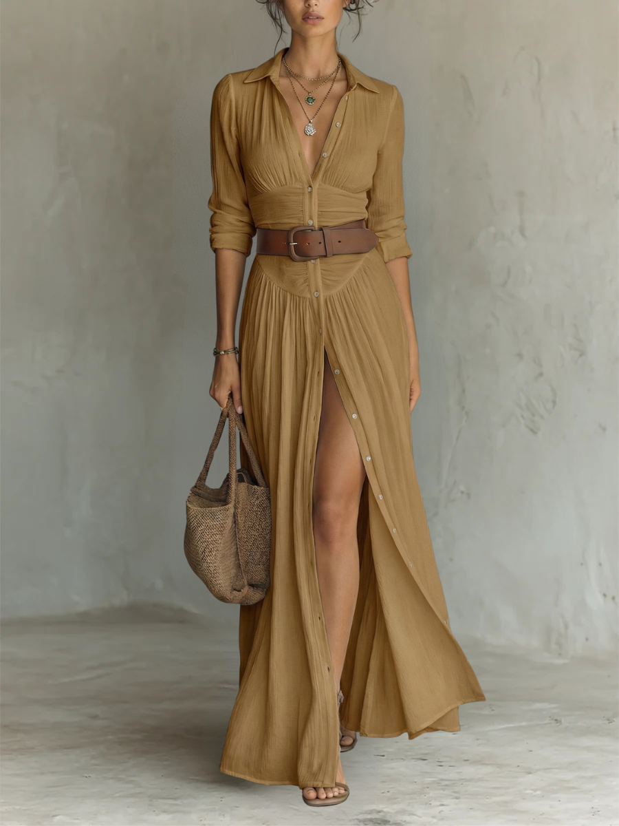 Elena | Vestido Largo Maxi de Lino con Cuello de Solapa