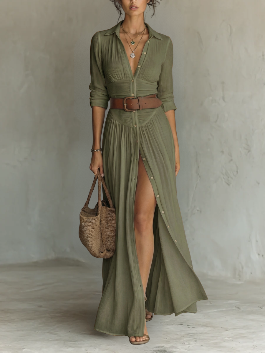 Elena | Vestido Largo Maxi de Lino con Cuello de Solapa