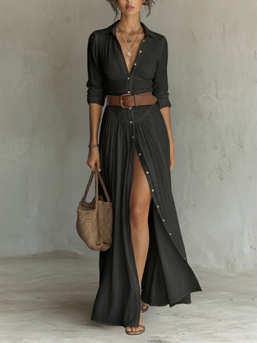 Elena | Vestido Largo Maxi de Lino con Cuello de Solapa