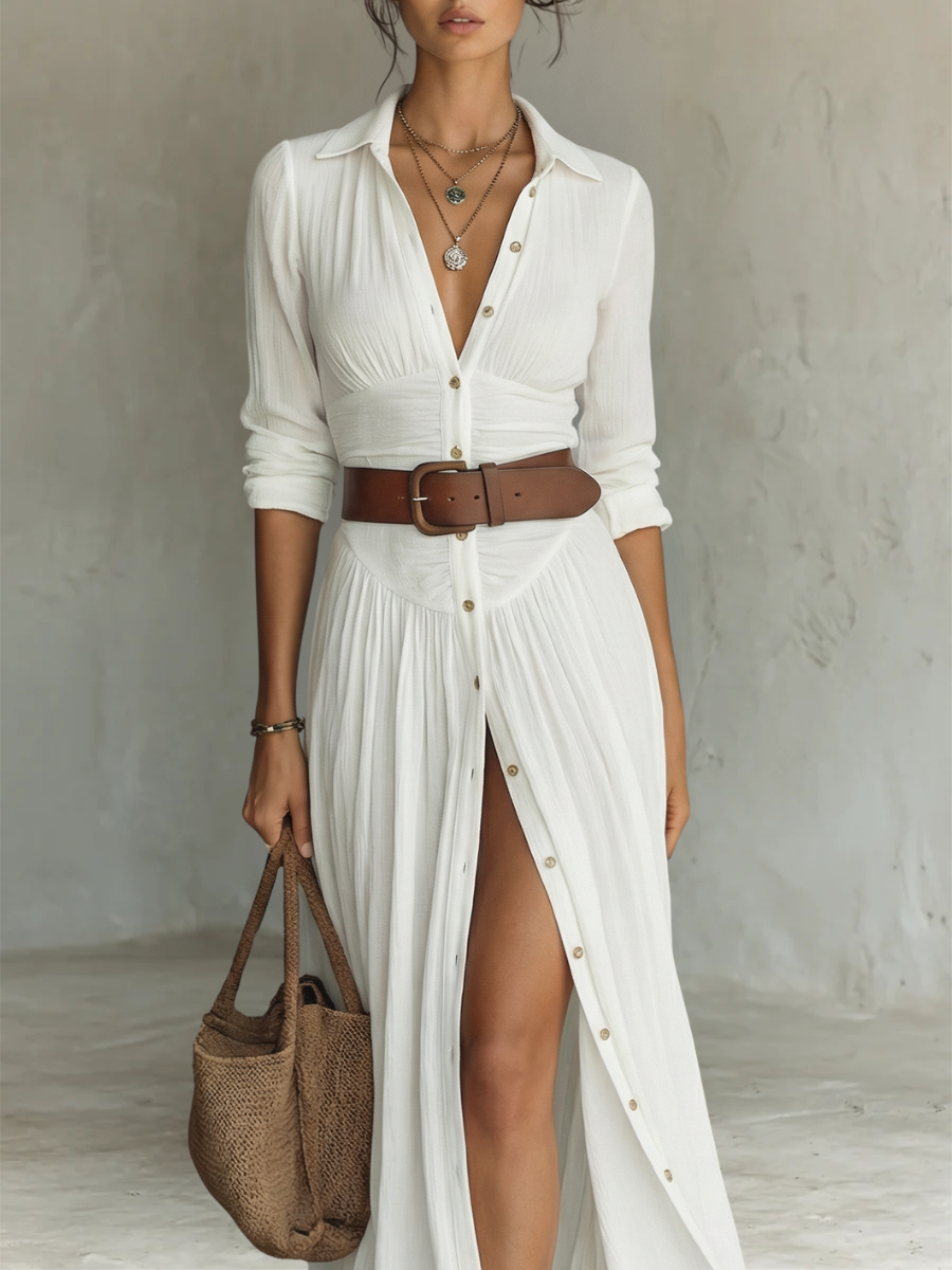 Elena | Vestido Largo Maxi de Lino con Cuello de Solapa