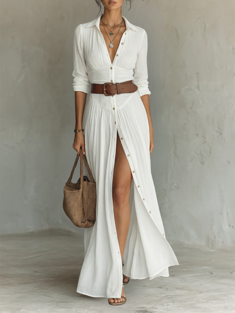 Elena | Vestido Largo Maxi de Lino con Cuello de Solapa