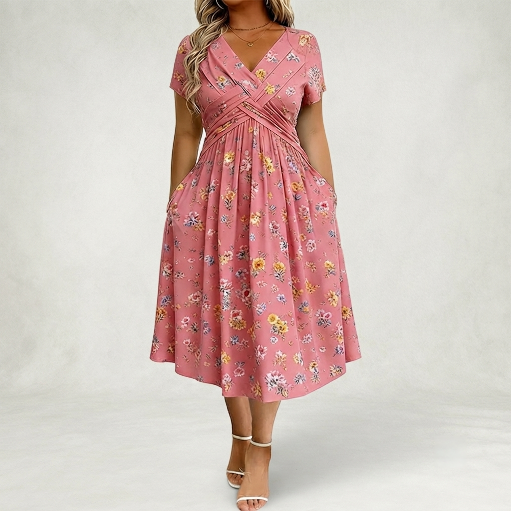 Santander | Vestido Floral con Escote en V y Detalle de Torsión