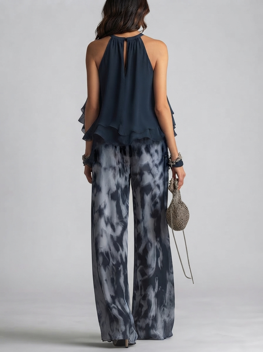 Marta | Conjunto Halter de Chifón Estampado con Pantalón Ancho