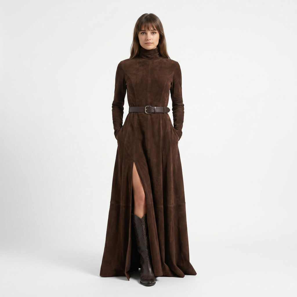 Renata | Vestido de Ante con Cuello Alto y Cinturón