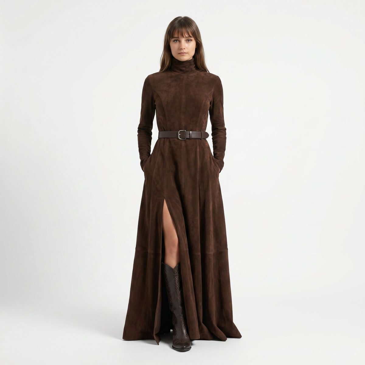 Renata | Vestido de Ante con Cuello Alto y Cinturón