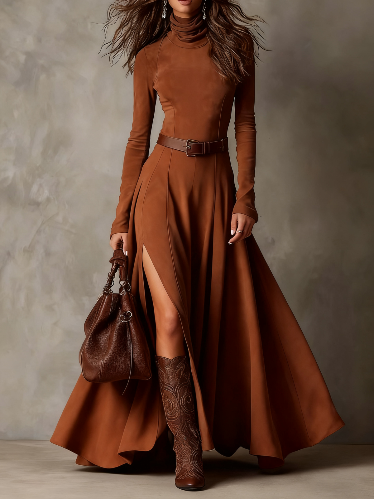 Renata | Vestido de Ante con Cuello Alto y Cinturón
