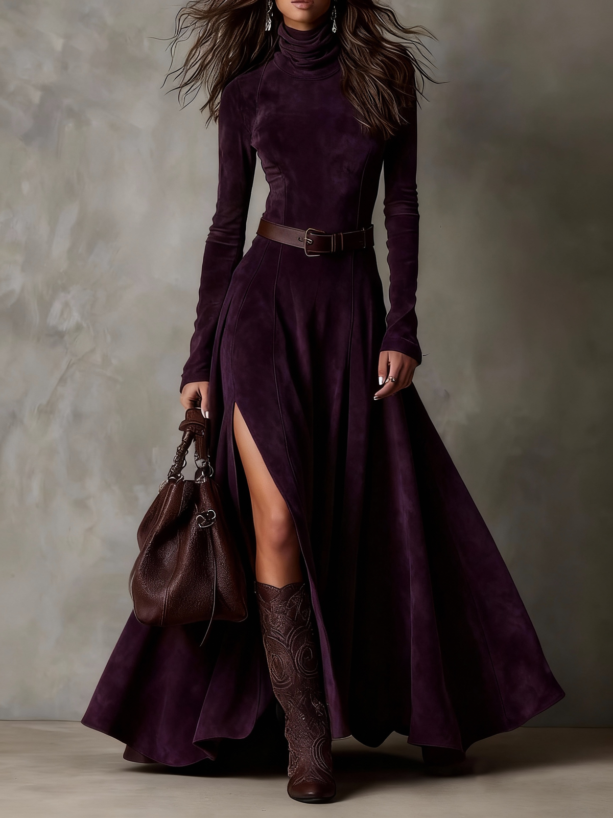 Renata | Vestido de Ante con Cuello Alto y Cinturón
