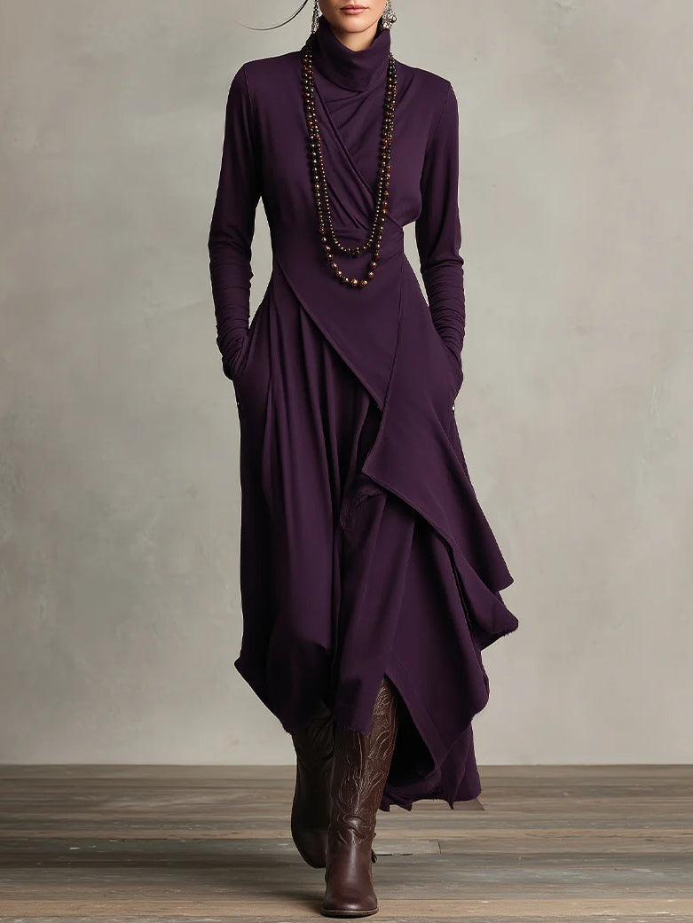 Aurelia | Vestido Largo Plisado Asimétrico Cuello Alto
