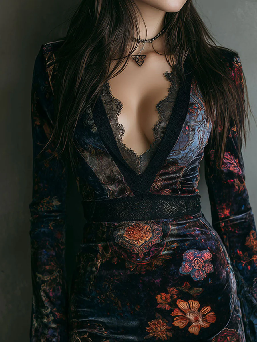 Grazia | Mini Vestido de Terciopelo Floral con Encaje