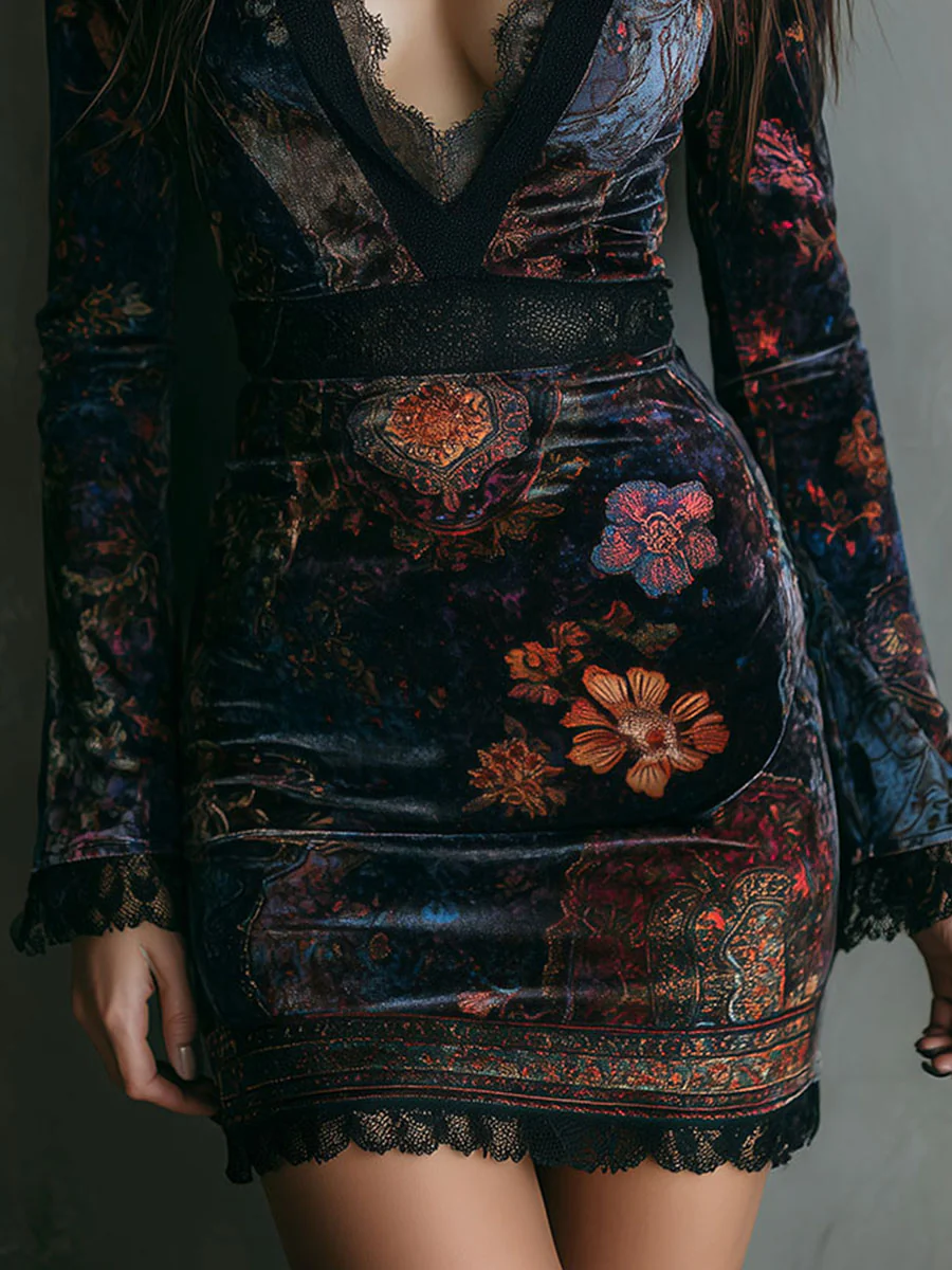 Grazia | Mini Vestido de Terciopelo Floral con Encaje
