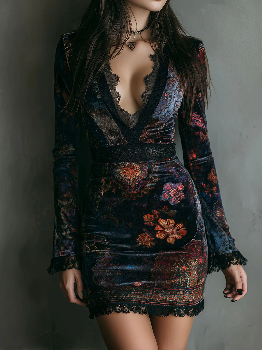 Grazia | Mini Vestido de Terciopelo Floral con Encaje