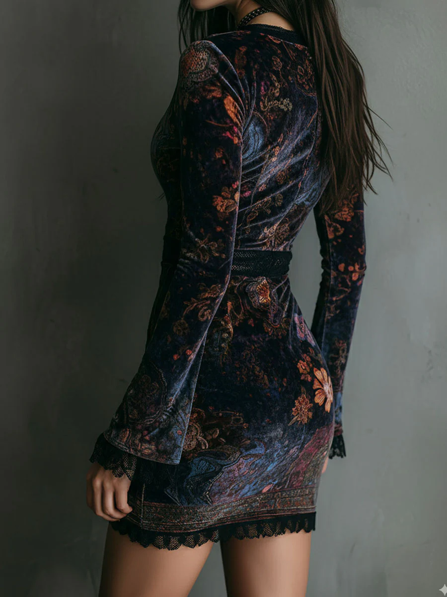 Grazia | Mini Vestido de Terciopelo Floral con Encaje