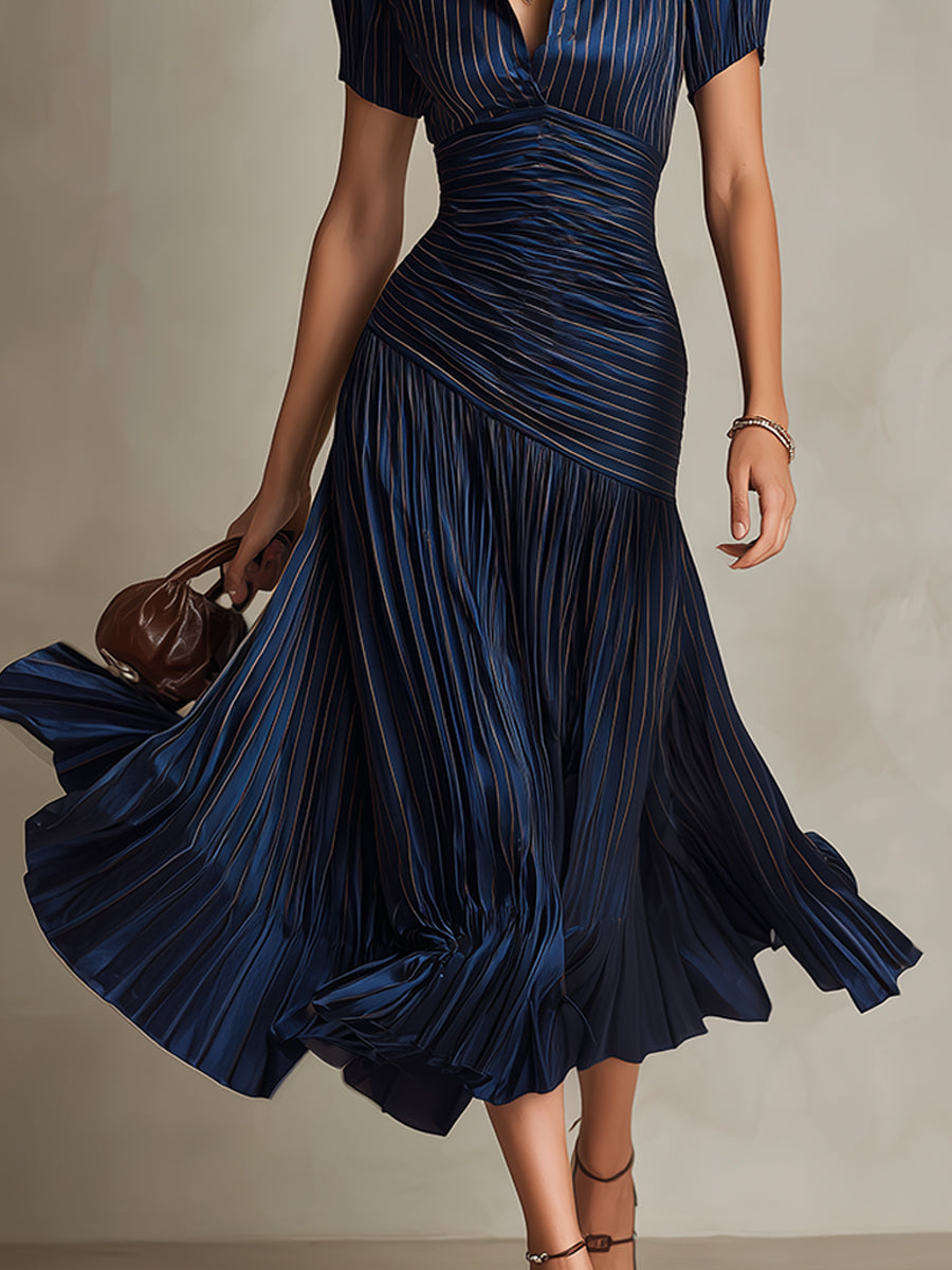 Adriana | Vestido Midi Satinado de Rayas Retro