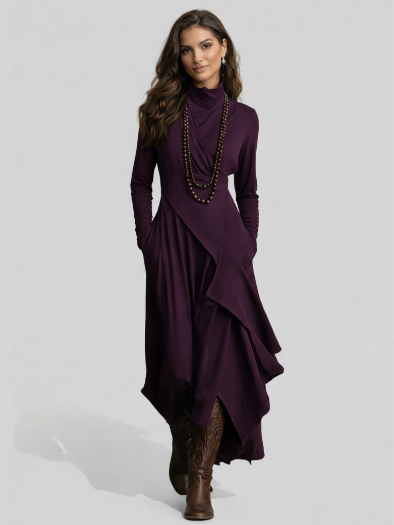 Aurelia | Vestido Largo Plisado Asimétrico Cuello Alto