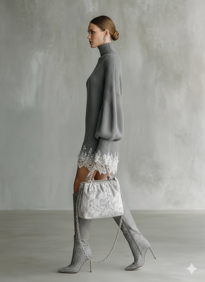 Natividad | Mini Vestido de Punto con Cuello Alto y Encaje
