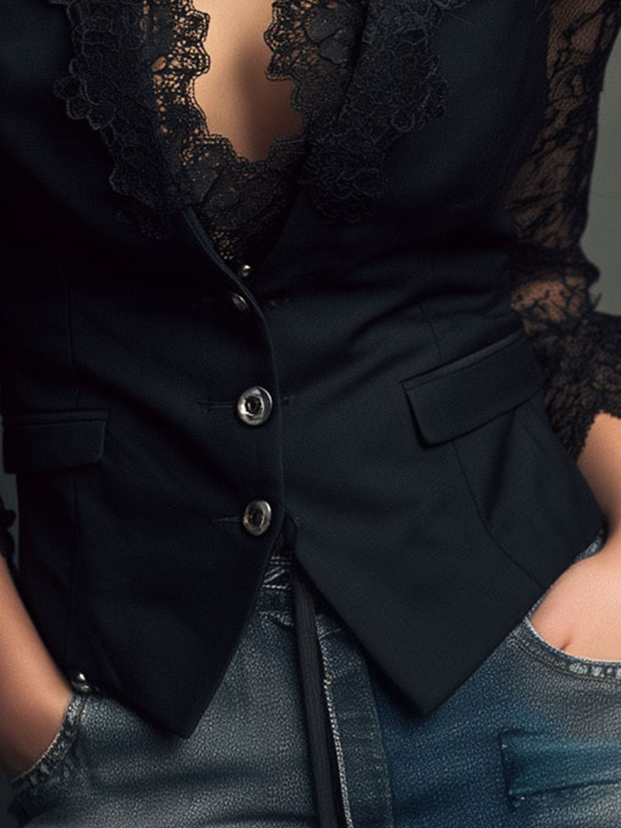 Noelia | Blazer Corto Negro con Mangas Semitransparentes