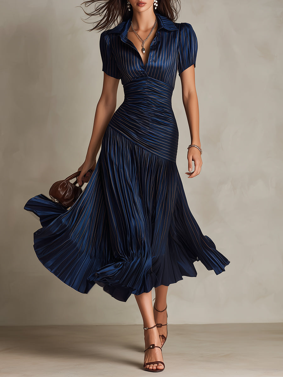 Adriana | Vestido Midi Satinado de Rayas Retro