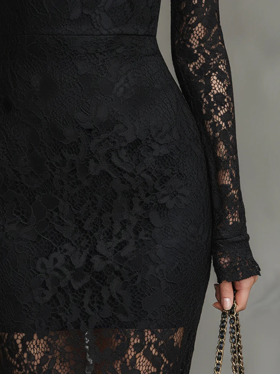 Olalla | Vestido de Encaje de Manga Larga con Cuello Alto