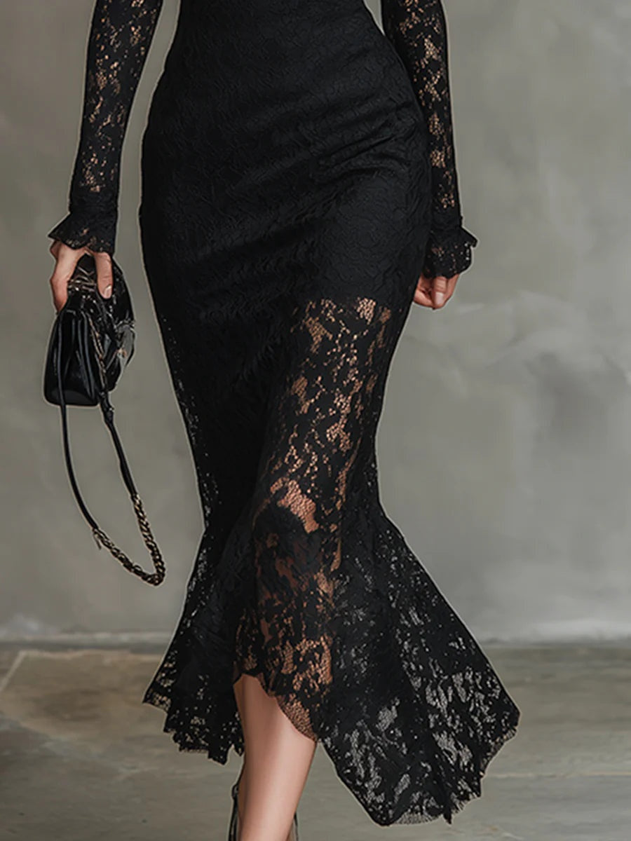 Olalla | Vestido de Encaje de Manga Larga con Cuello Alto