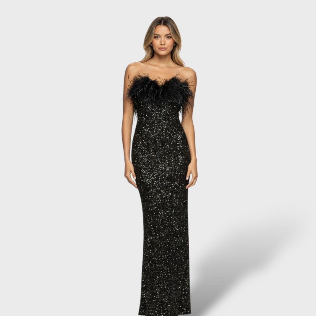 Lentejuelas | Vestido Maxi Lentejuelas y Plumas