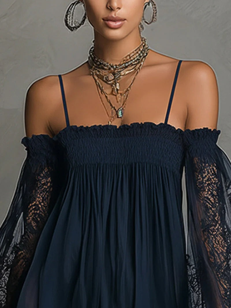Noemi | Vestido Mini Navy con Hombros Descubiertos y Encaje