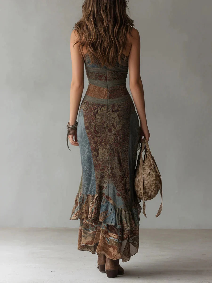 María | Vestido Largo Asimétrico con Estampado Étnico