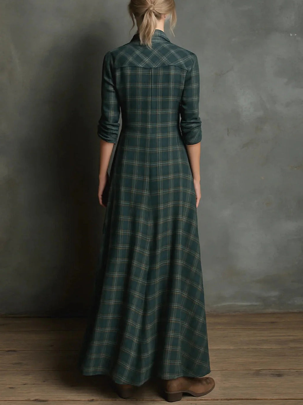 Paula | Vestido Largo Camisero con Estampado de Cuadros Verdes